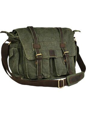 Men's Green Canvas Messenger Shoulder Bag Stylish Crossbody Satchel for Office